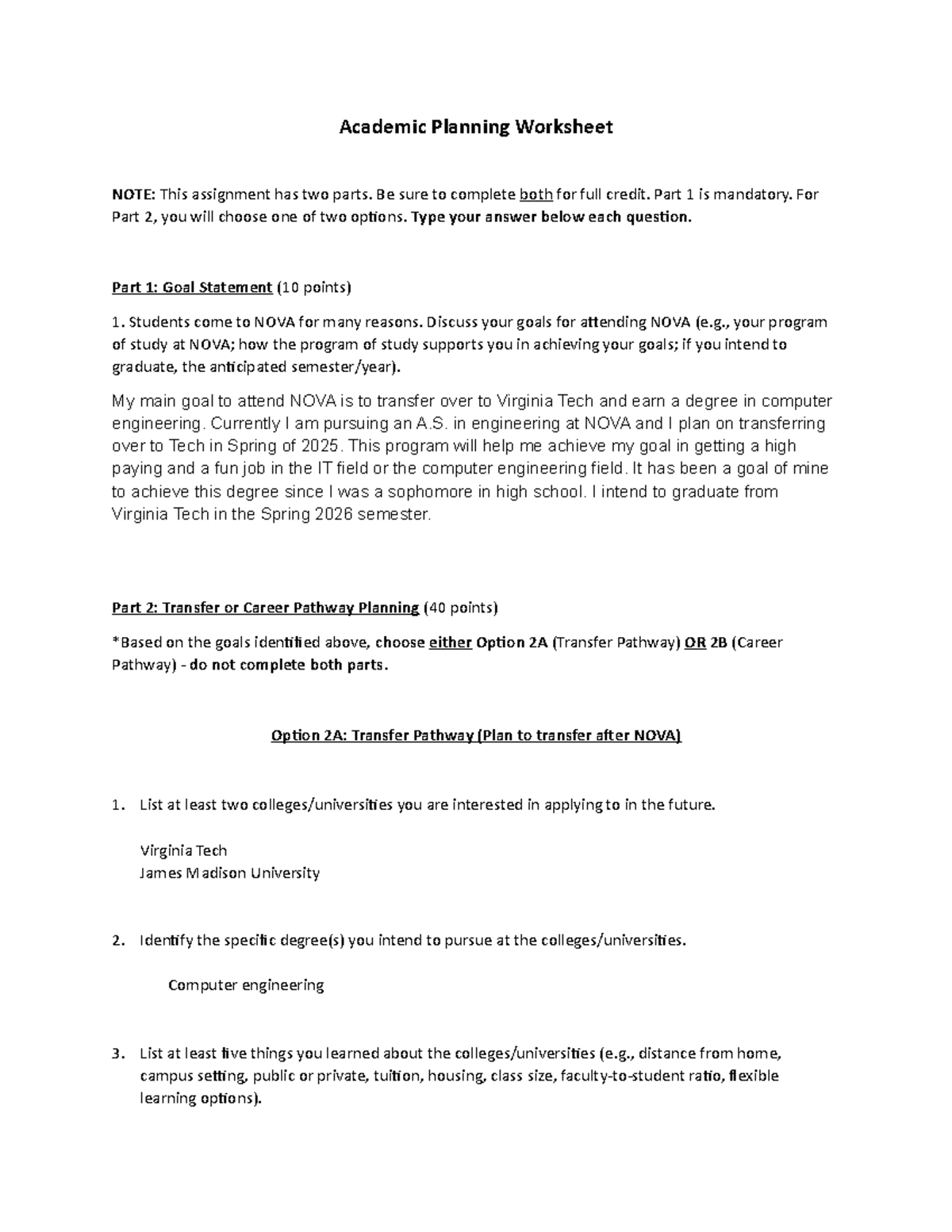 Academic Planning Worksheet - Academic Planning Worksheet NOTE: This ...