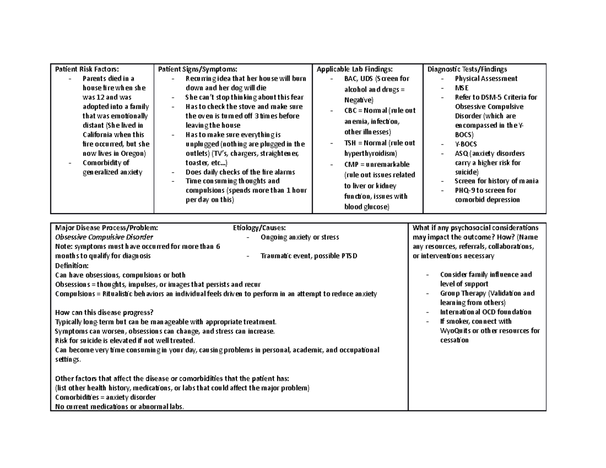 OCD Case Study - Patient Risk Factors: - Parents died in a house fire ...