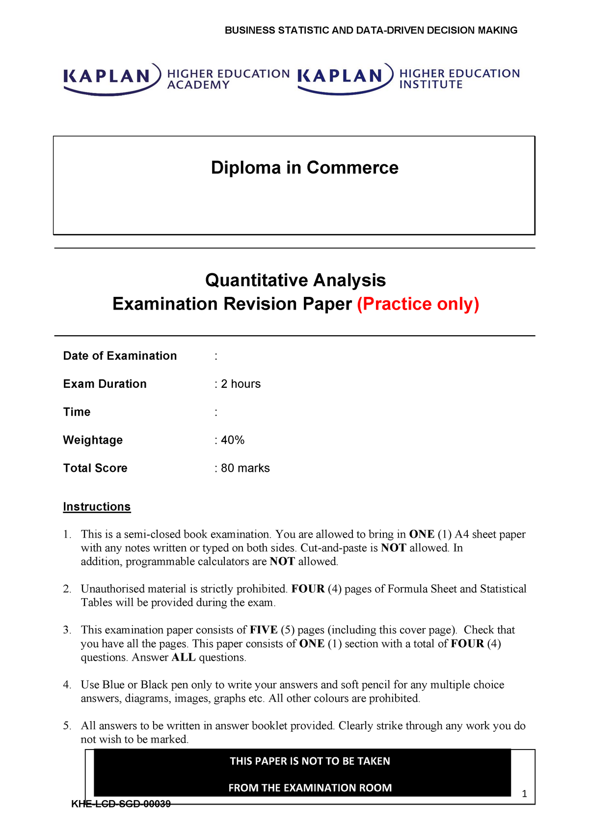 11 Exam Revision Practices BUSINESS STATISTIC AND DATA-DRIVEN DECISION ...