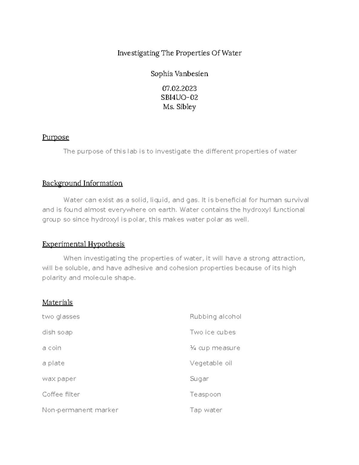 Water Lab Report - Investigating The Properties Of Water Sophia ...