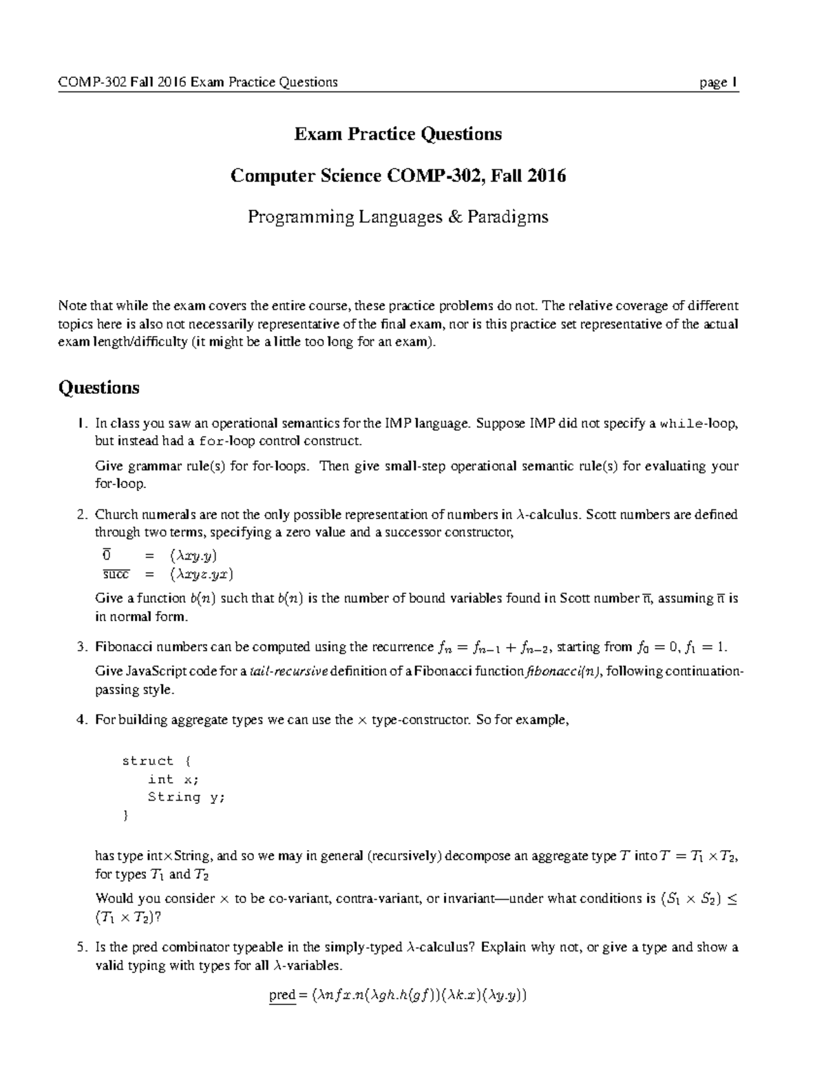 Final 1 September Fall 2016, questions COMP302 Fall 2016 Exam