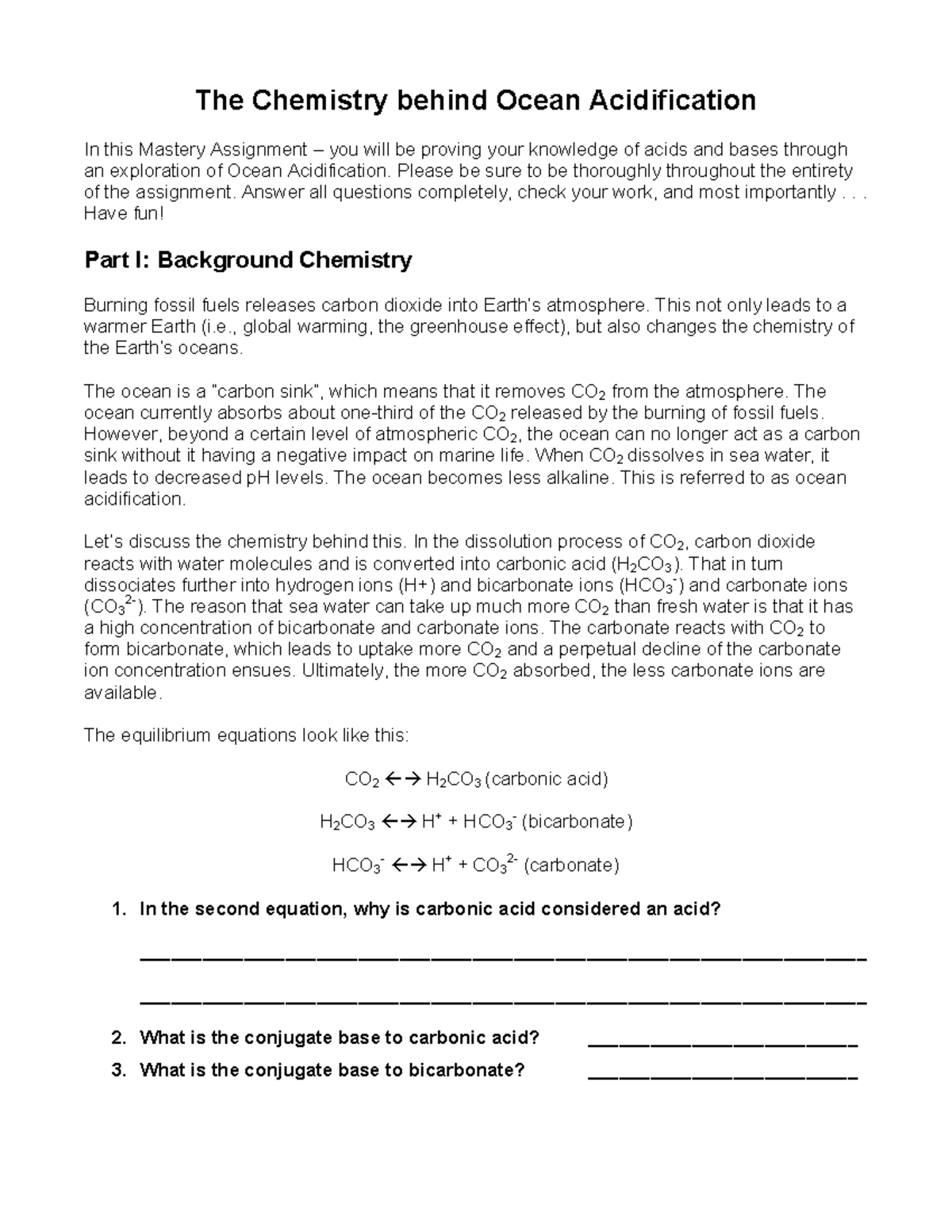 Ocean Acidification Mastery Assignment The Chemistry behind Ocean