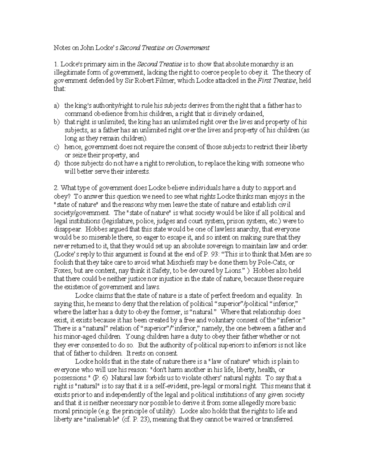 Notes On John Locke - Notes on John Locke’s Second Treatise on ...