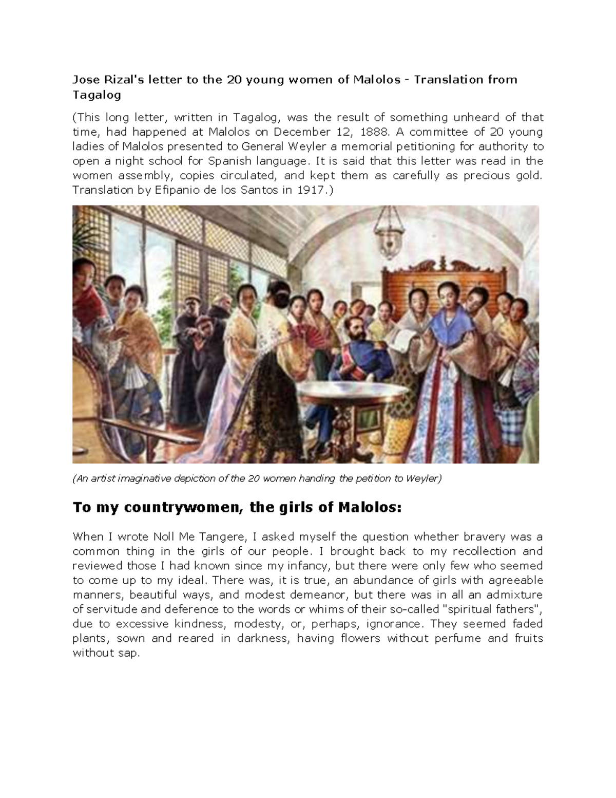 Letter To The Young Lady Of Malolos Summary To The Young Women of Malolos - Jose Rizal's letter to the 20 young