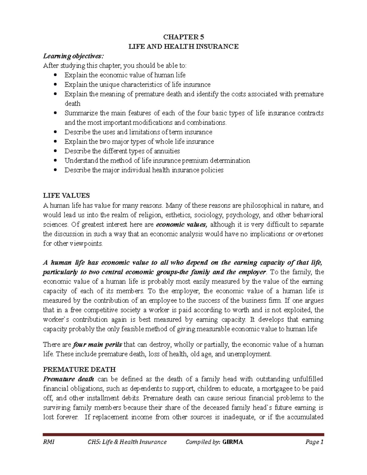 Rmi Ch5 Risk Management And Insurance Chapter 5 Life And Health