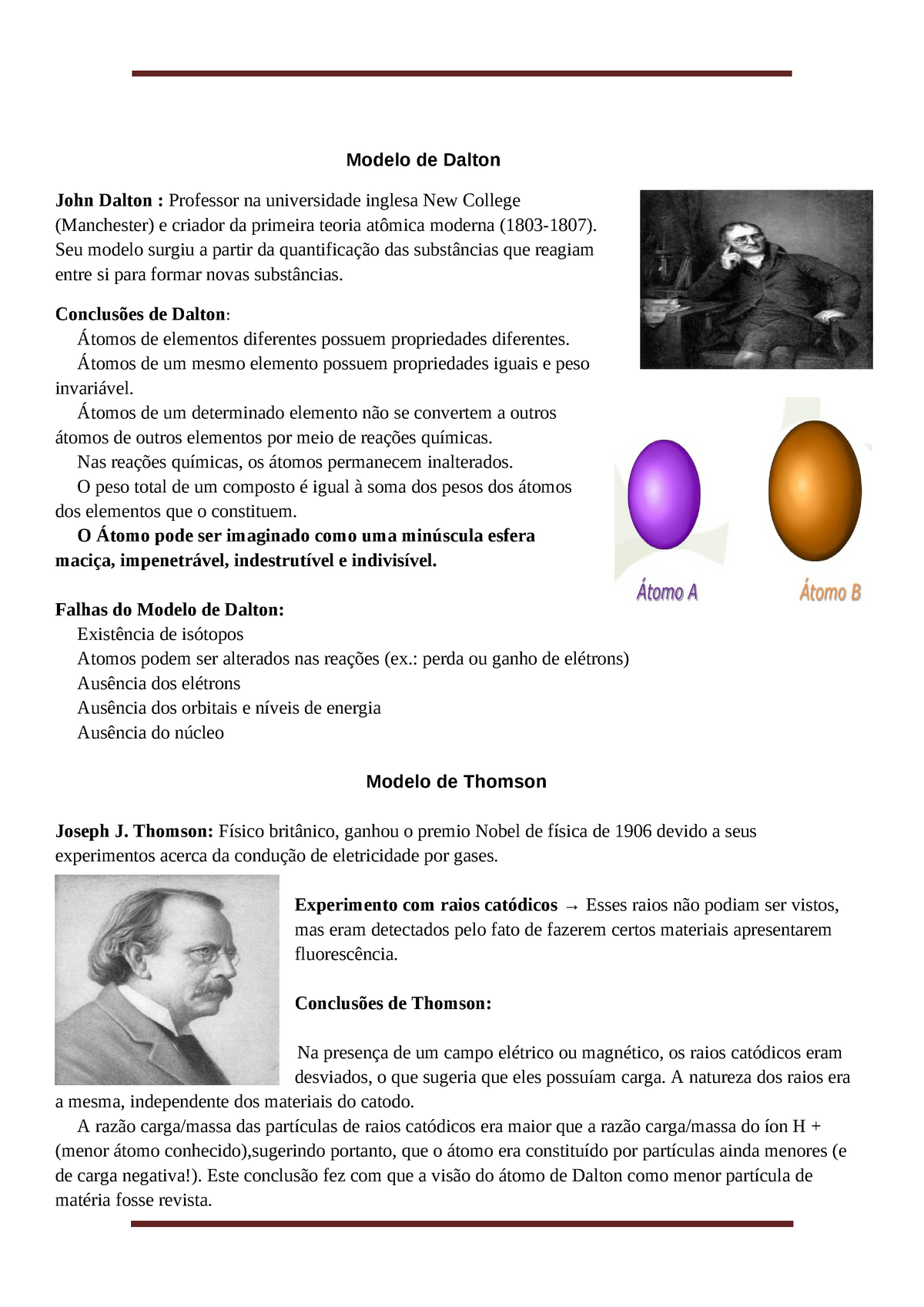 Teorias Atomicas Dalton Thomson Rutherford Bohr - Modelo de Dalton John  Dalton : Professor na - Studocu