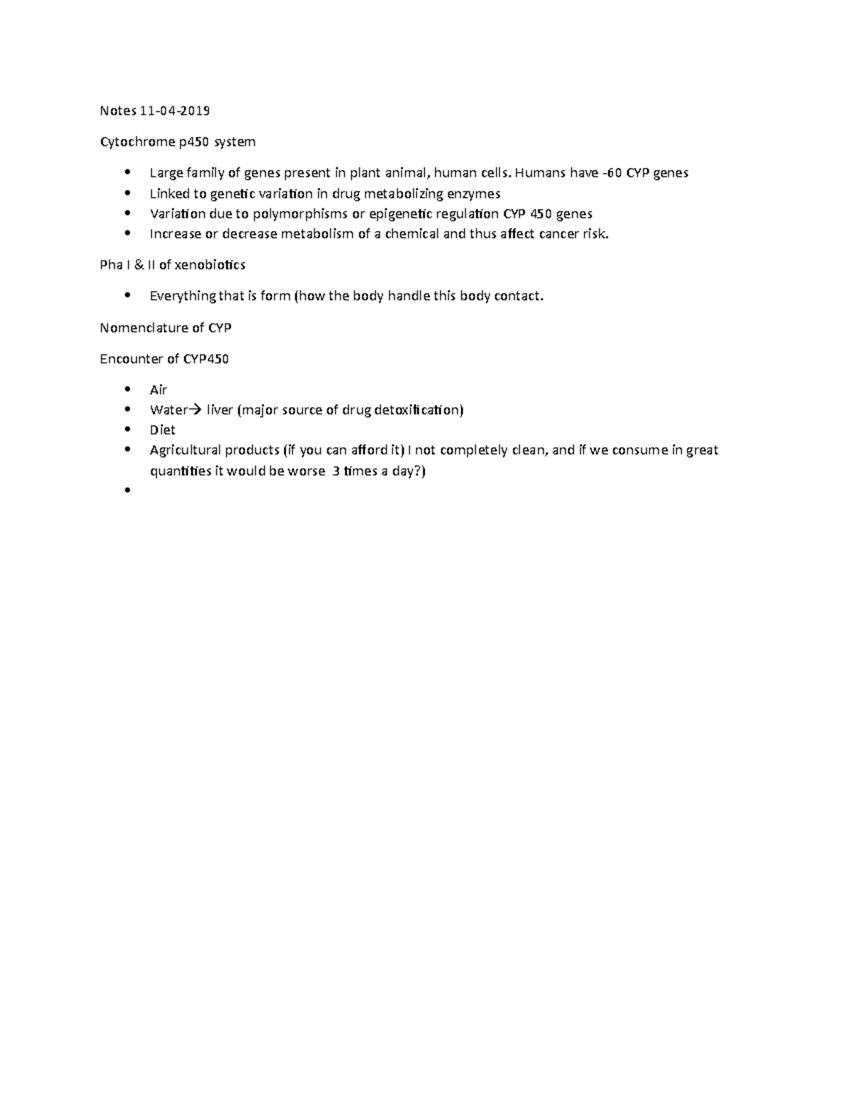 Notes 11-04-2019 - Notes 11-04- Cytochrome p450 system Large family of ...