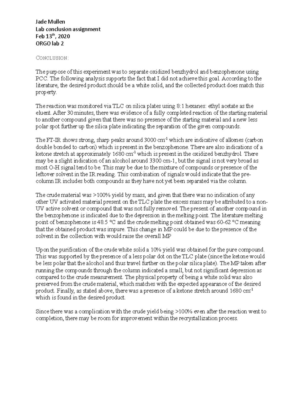 Chem lab conclusion Jade Mullen Lab conclusion assignment Feb 13th