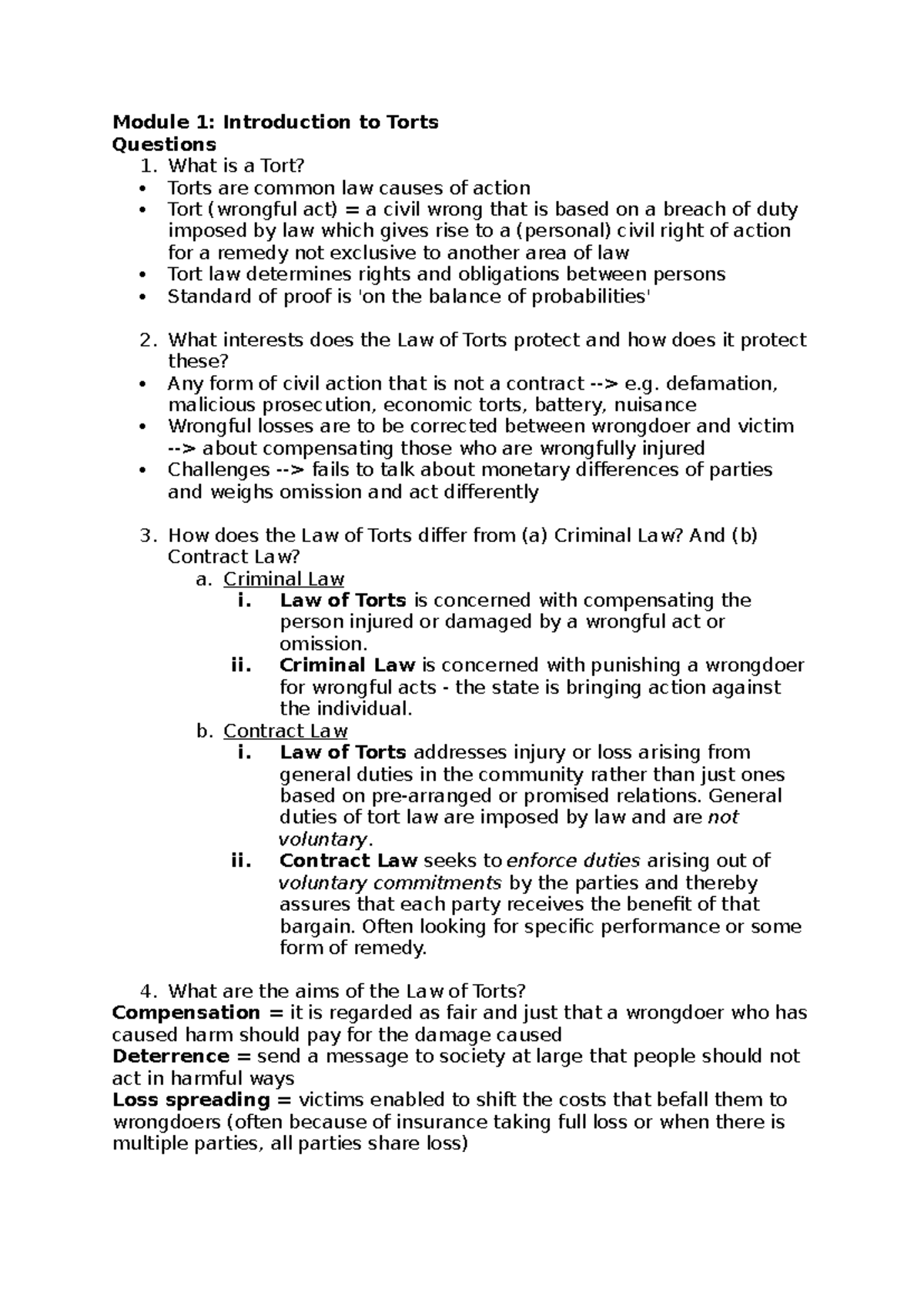 Torts 2 - Assignment 1 - Module 1: Introduction to Torts Questions 1 ...