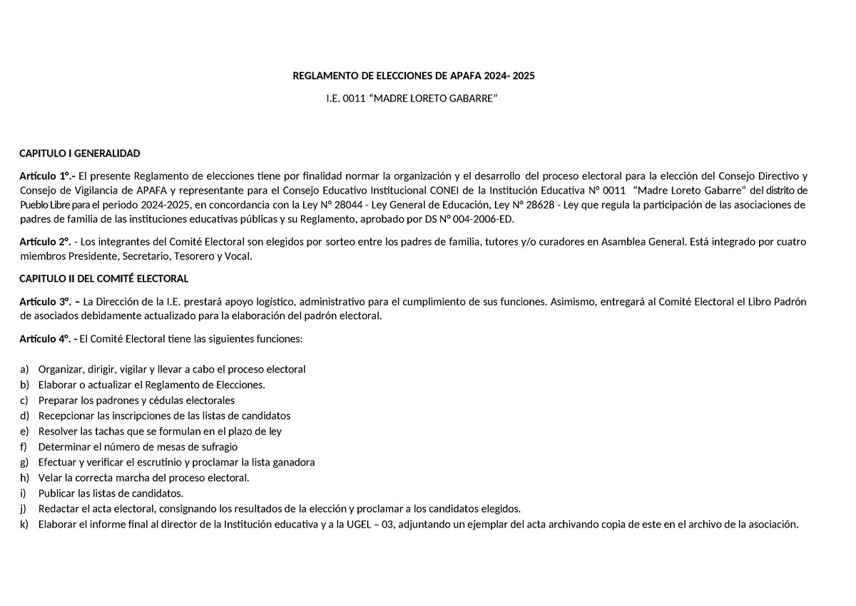 Reglamento DE Elecciones DE Apafa 2024-2025 - REGLAMENTO DE ELECCIONES ...