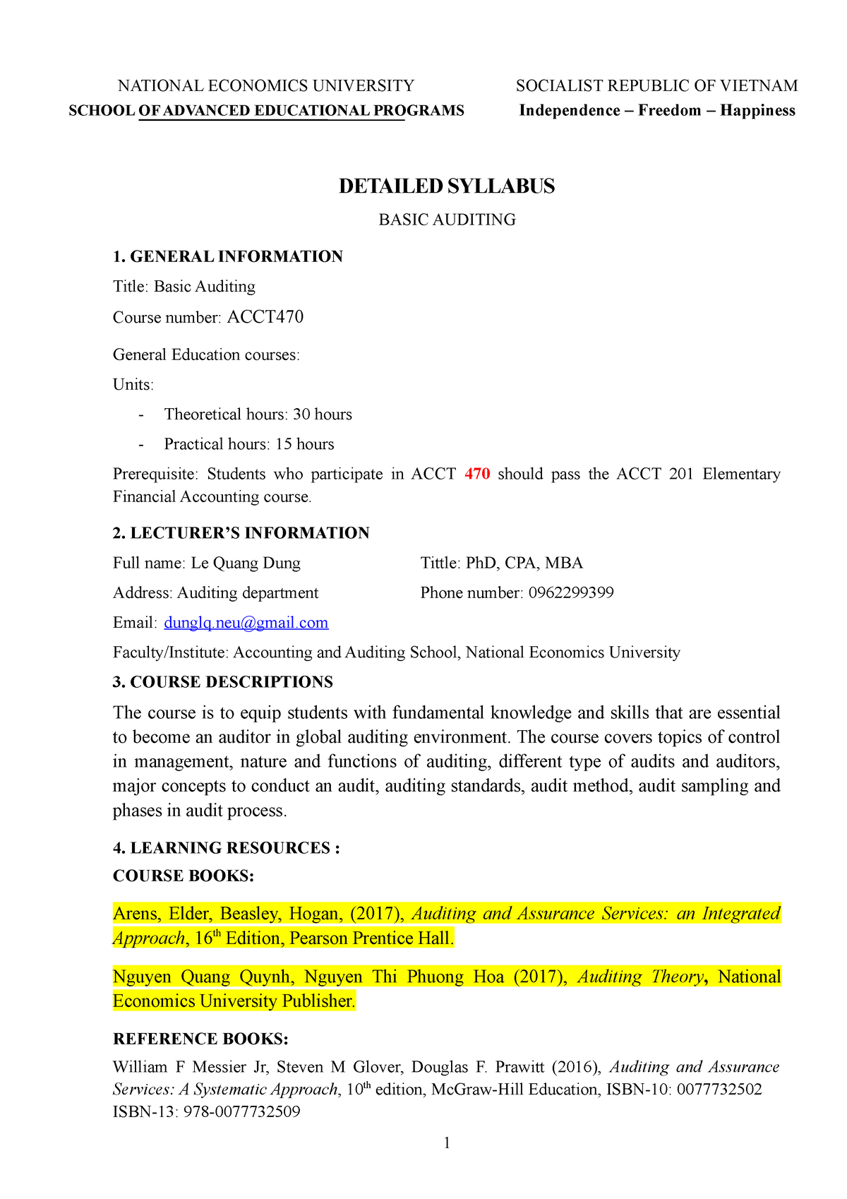 Basic Auditing Syllabus - 2023 - NATIONAL ECONOMICS UNIVERSITY SCHOOL ...