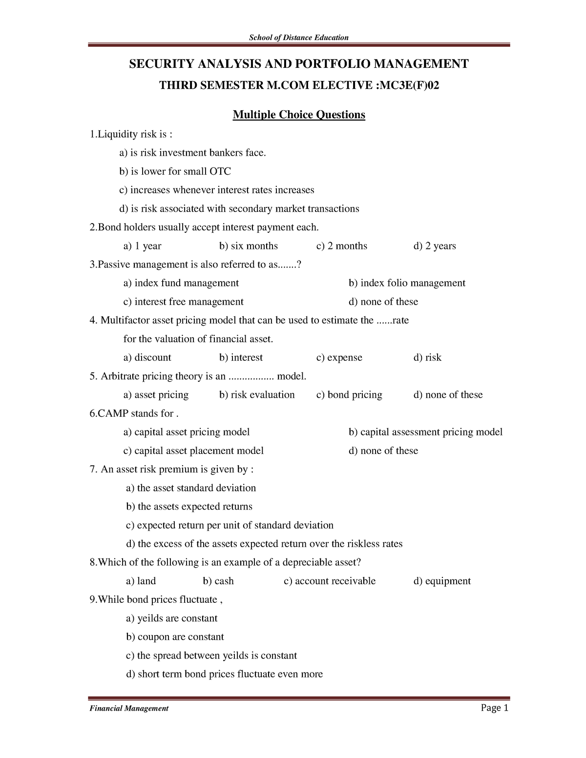 MCQ Security Analysis& Portfolio Mgt - School Of Distance Education ...