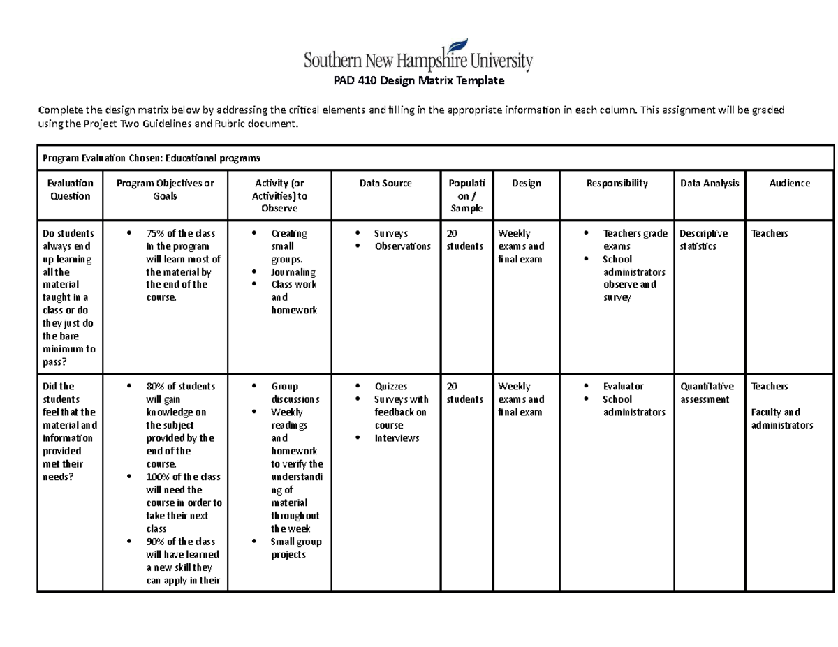 PAD 410 Design Matrix Ivette Garcia - PAD 410 Design Matrix Template ...