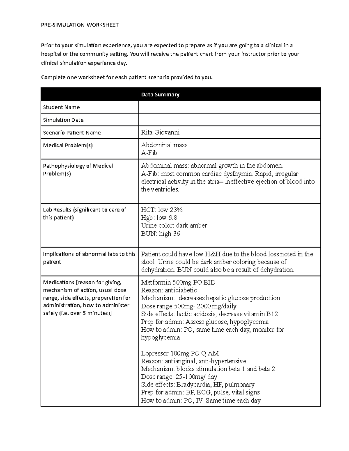 Rita Giovanni Simulation Paperwork - Prior to your simulation ...