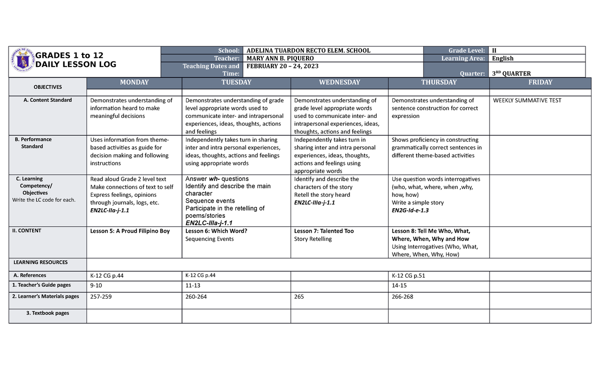 Quarter 3 WEEK 2 - GRADES 1 To 12 DAILY LESSON LOG School: ADELINA ...