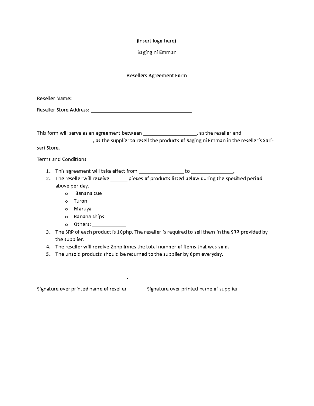 Reseller agreement form - (Insert logo here) Saging ni Emman Resellers ...