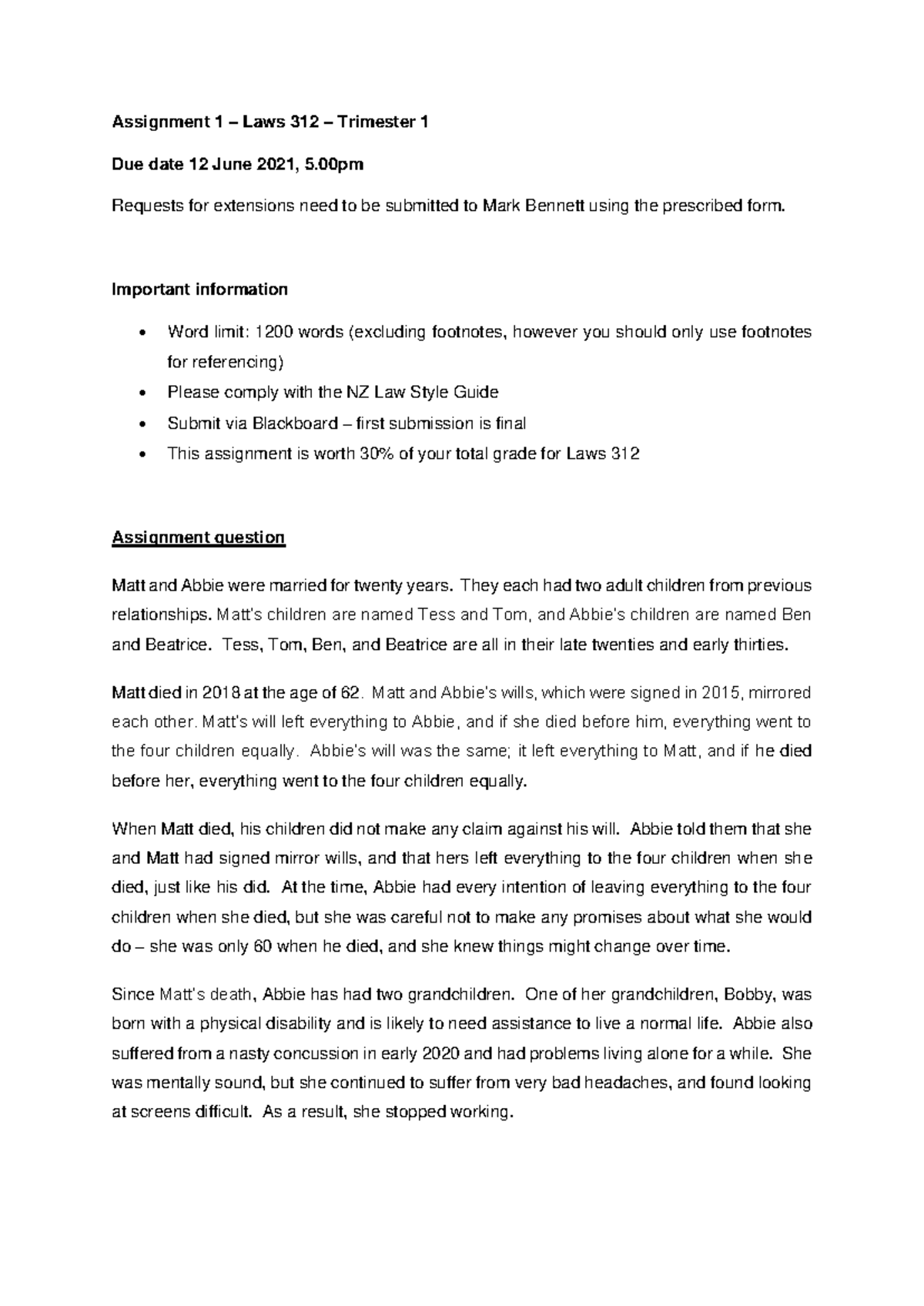 LAWS 312 - Assignment 2 Question - Assignment 1 – Laws 312 – Trimester ...
