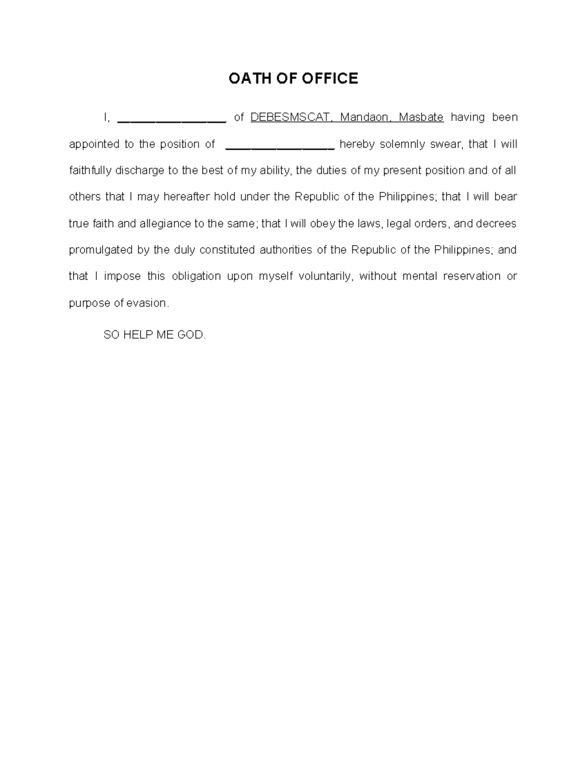 OATH OF OFFICE FOR PLANTILLA POSITION - OATH OF OFFICE I ...