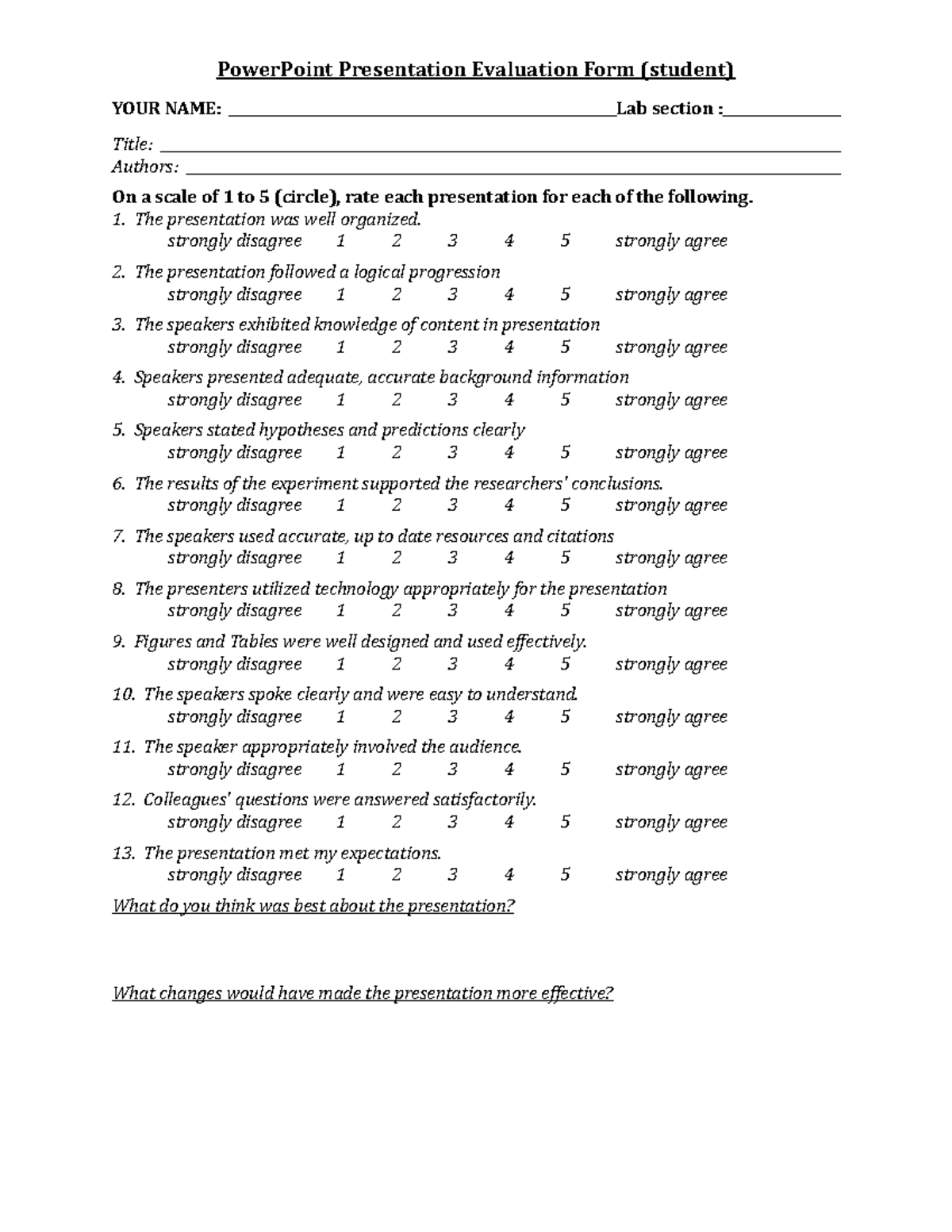 151F21 ppt student rubric - PowerPoint Presentation Evaluation Form ...