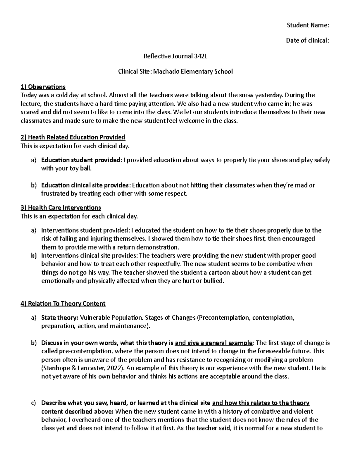 Journal #6 - Reflection paper - Student Name: Date of clinical ...