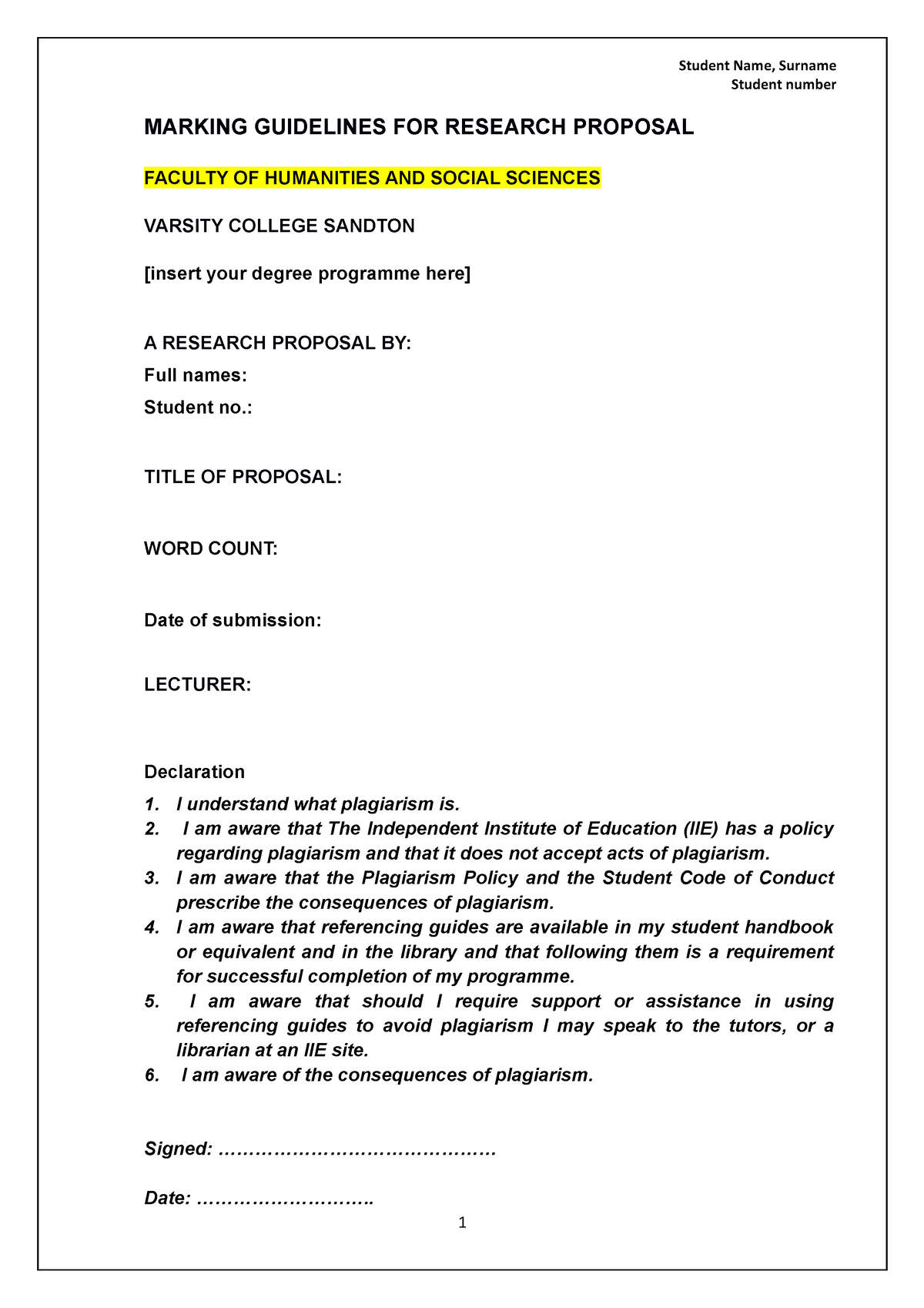 REPR7312 Full Proposal Template - Student Number MARKING GUIDELINES FOR ...