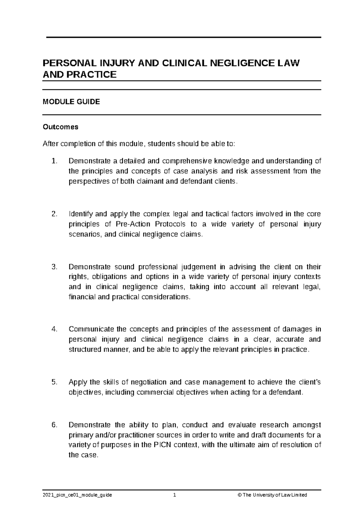 Personal injury sumary - PERSONAL INJURY AND CLINICAL NEGLIGENCE LAW ...