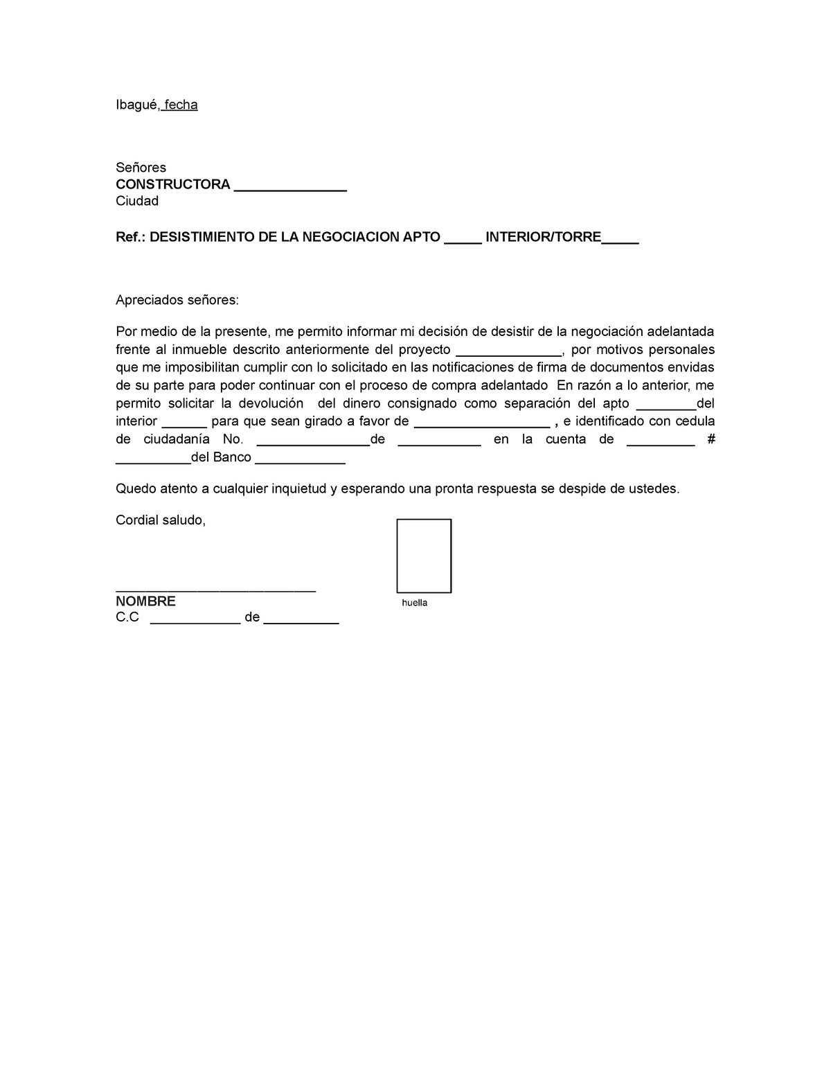 416995164 Formato Carta de Desistimiento a Compra Proyecto de Vivienda -  Ibagué, fecha Señores - Studocu