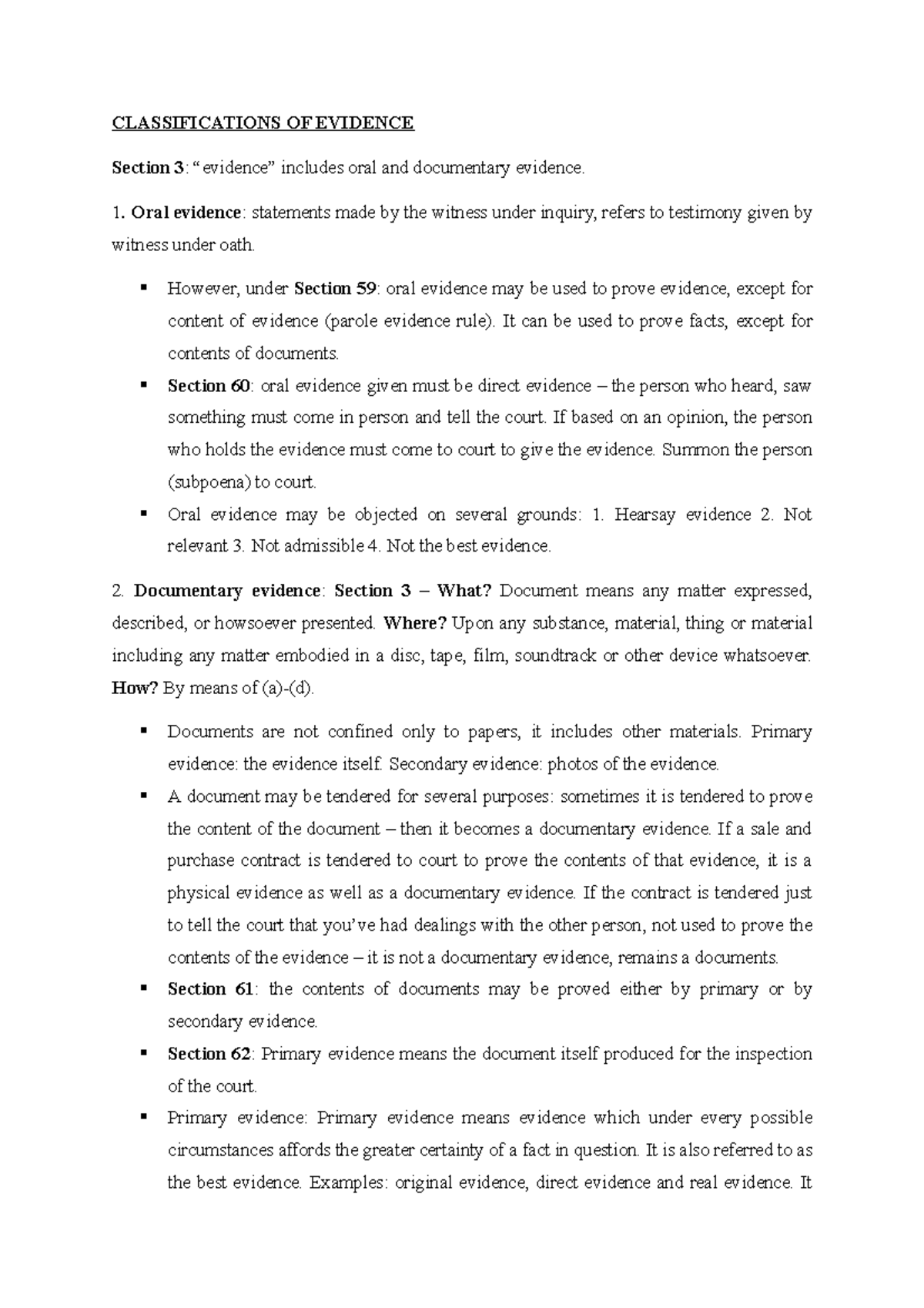 6. Classifications OF Evidence CLASSIFICATIONS OF EVIDENCE Section 3