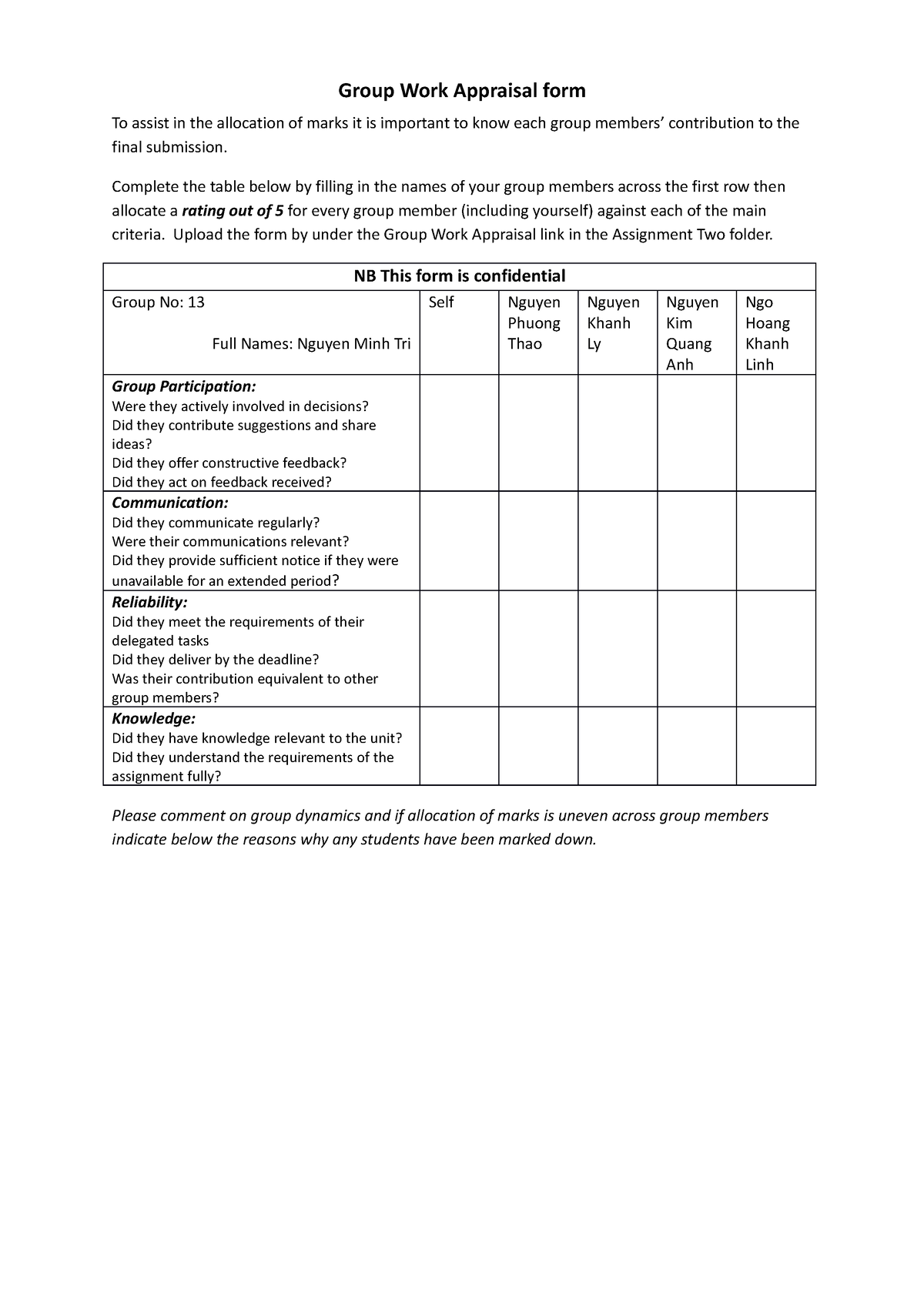 Group Work Appraisal form - Complete the table below by filling in the ...