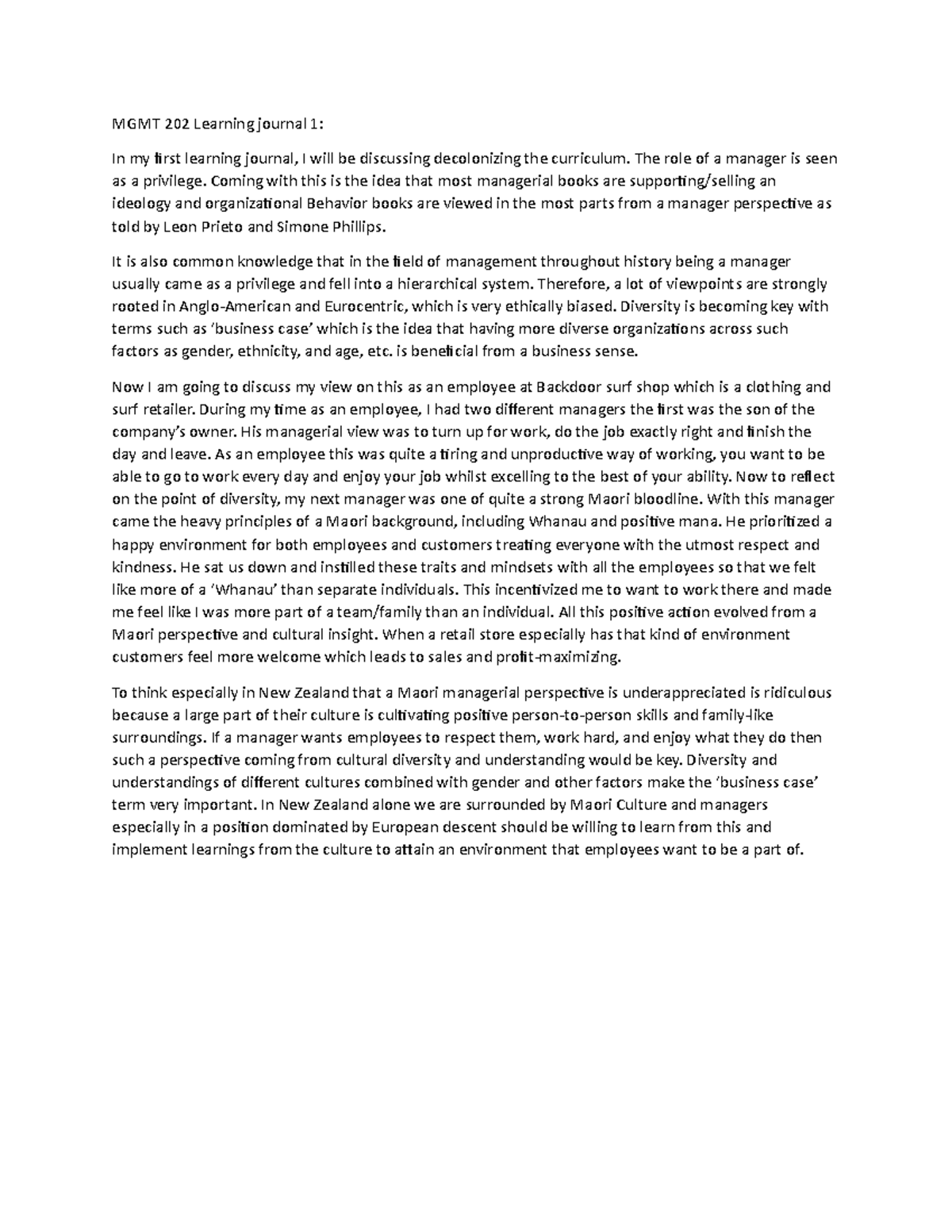 MGMT 202 Learning journal 1 - MGMT 202 Learning journal 1: In my first ...