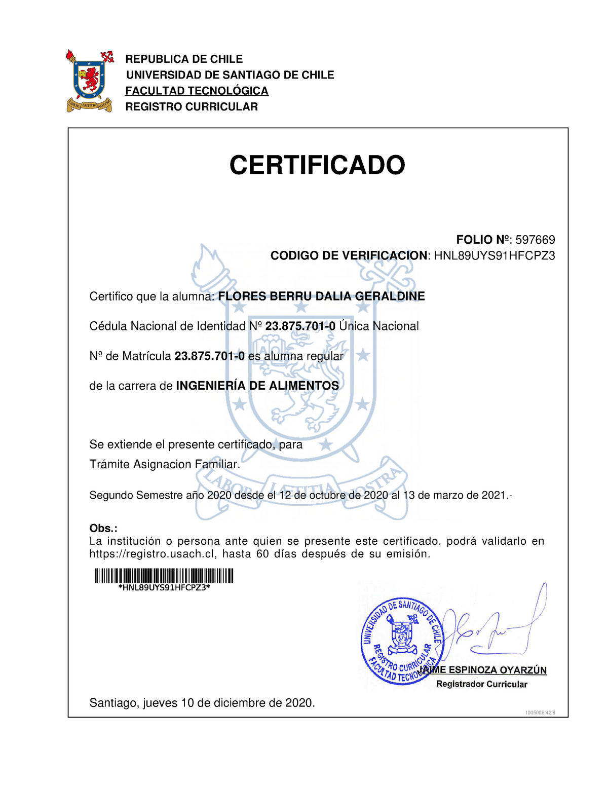 Certificado Estudiante Regular 597669 23875701 Republica De Chile