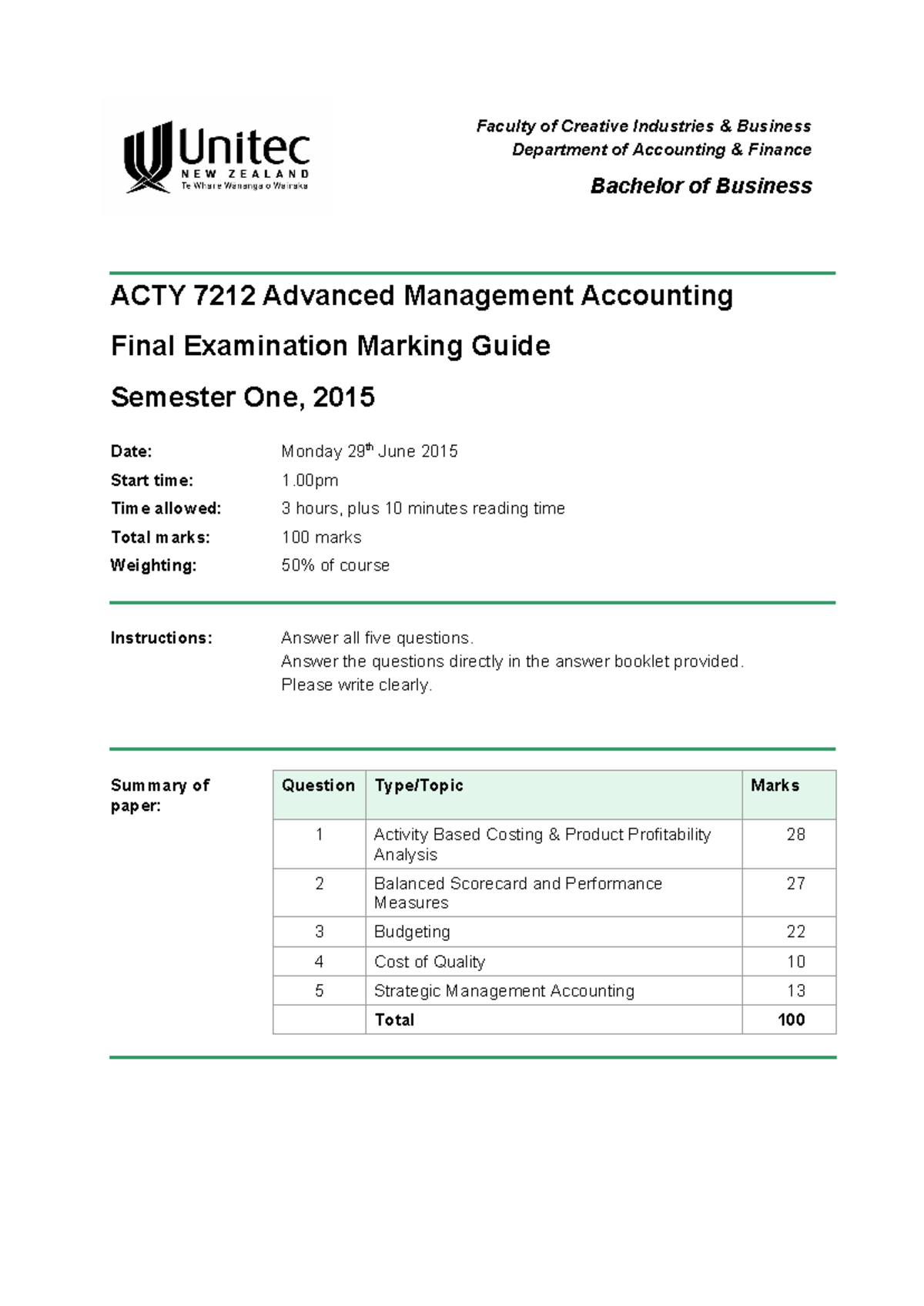 ACTY212 Final Exam sem 1 2015 marking guide - Faculty of Creative ...