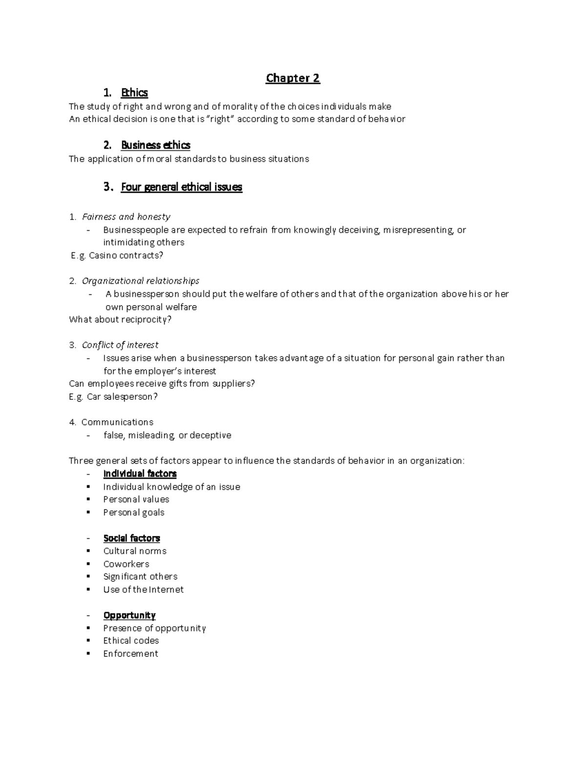 Business Management Notes - Semester 1 - Chapter 2 1. Ethics The study ...