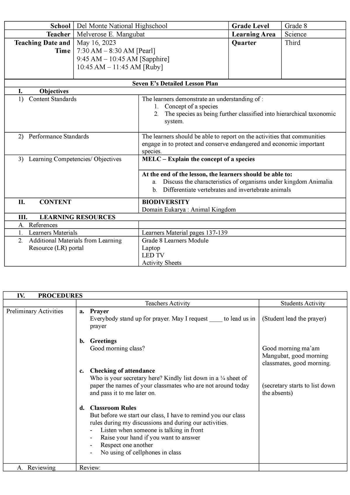 Biodiversity MAY 16 LP - lesson plan - School Del Monte National ...