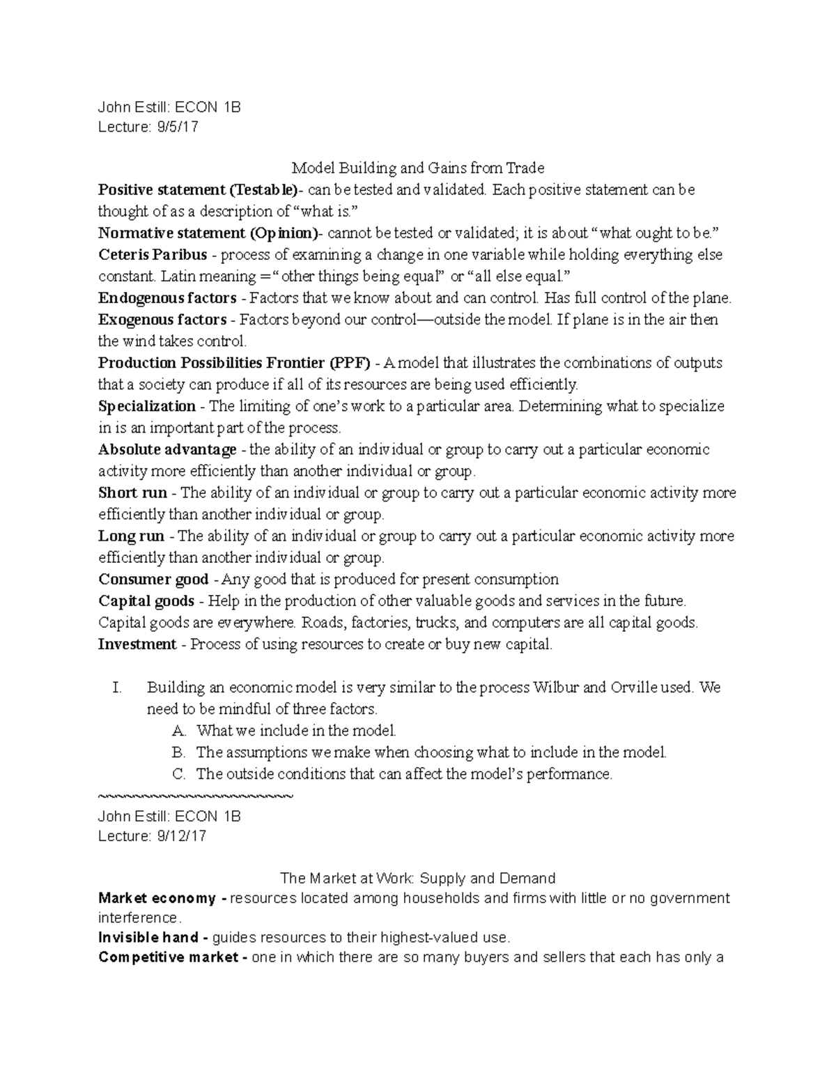 Econ 1B Lecture Notes Compiled - John Estill: ECON 1B Lecture: 9/5 ...