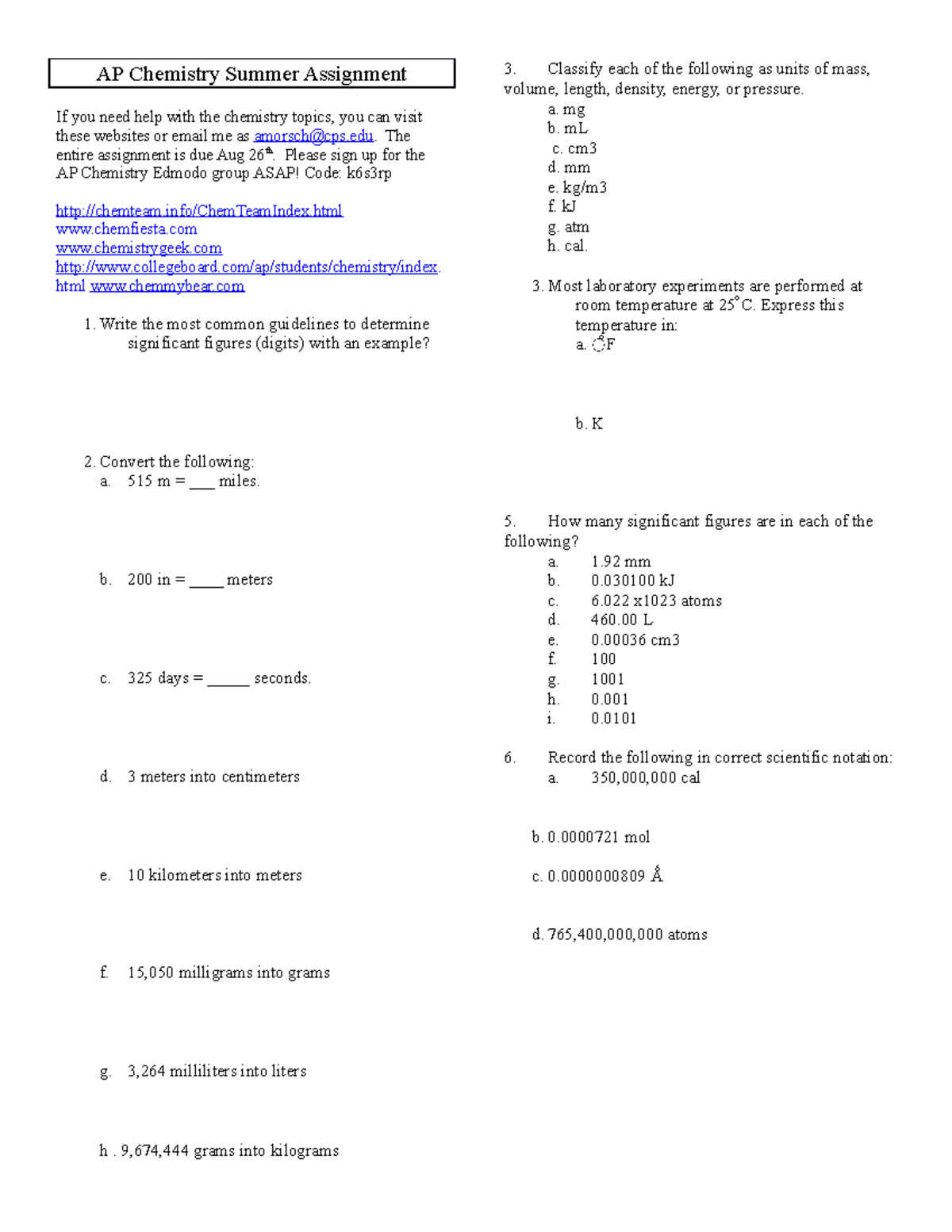 AP Chemistry Summer Assignment - The entire assignment is due Aug 26th ...