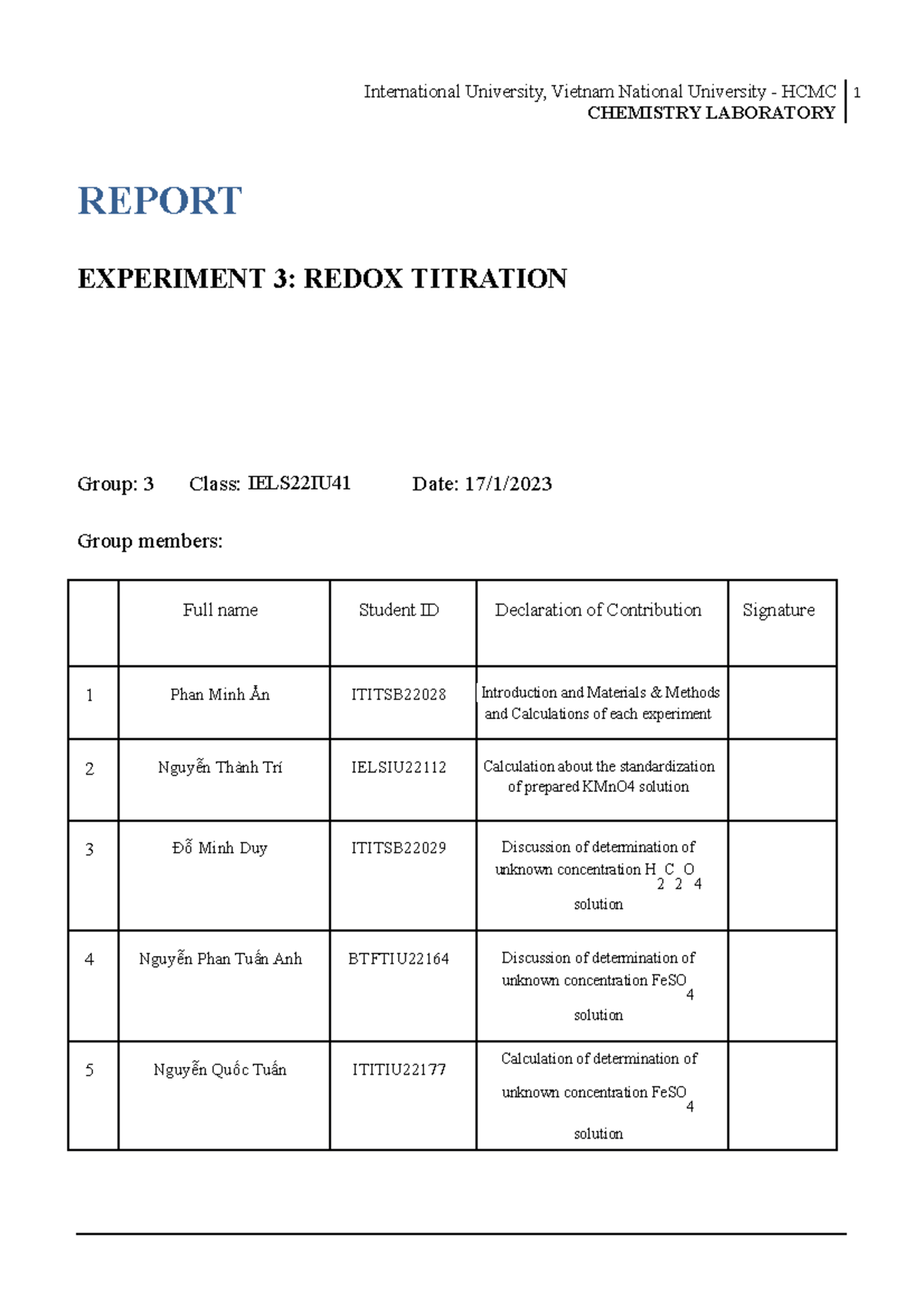 Report 3 group 3 CHEMISTRY LABORATORY REPORT EXPERIMENT 3 REDOX