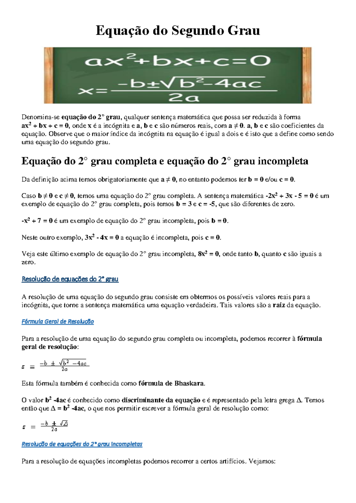 Equacao do Segundo Grau - Equação do Segundo Grau Denomina-se equação ...
