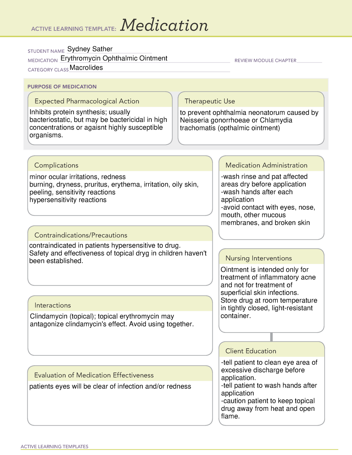 Erythromycin (opthalmic) ACTIVE LEARNING TEMPLATES Medication STUDENT