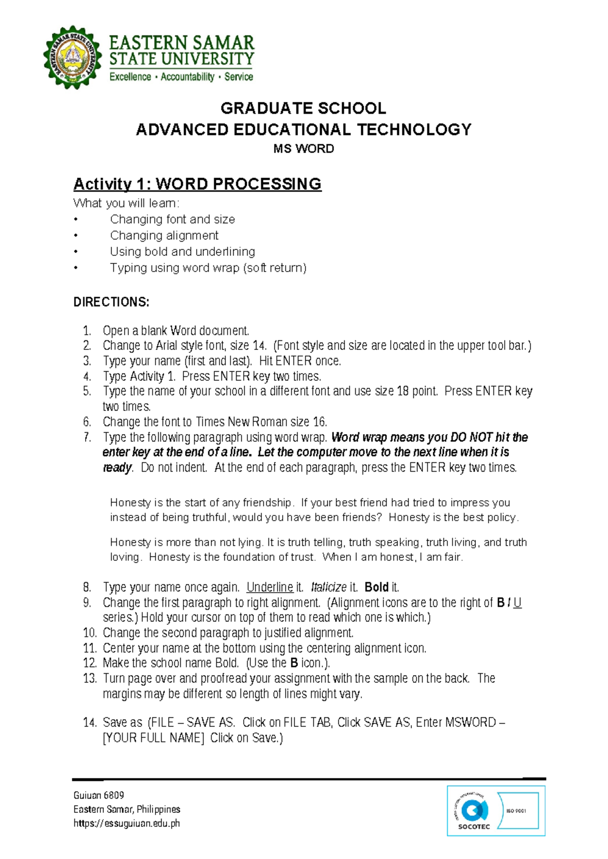 MS-WORD- Activities - Ms word - Guiuan 6809 Eastern Samar, Philippines ...