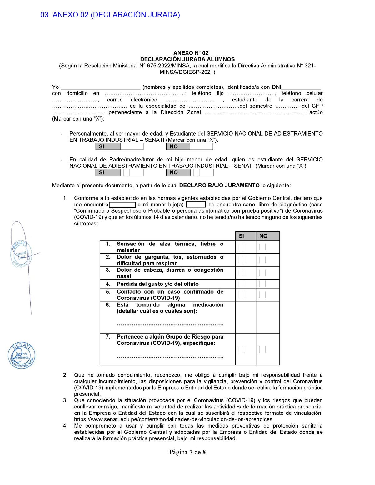 Documentos Complementarios - Página 7 De 8 ANEXO N° 02 DECLARACIÓN ...