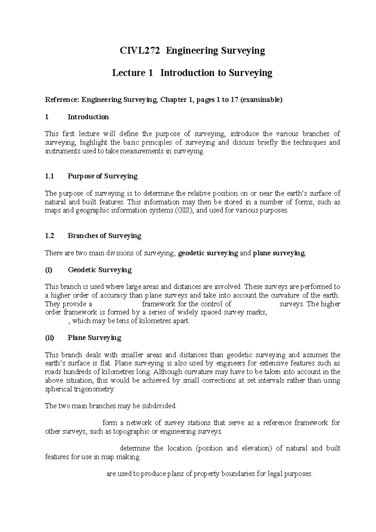 Lect1 Handout - Lecture Notes 1 - CIVL272 Engineering Surveying Lecture ...