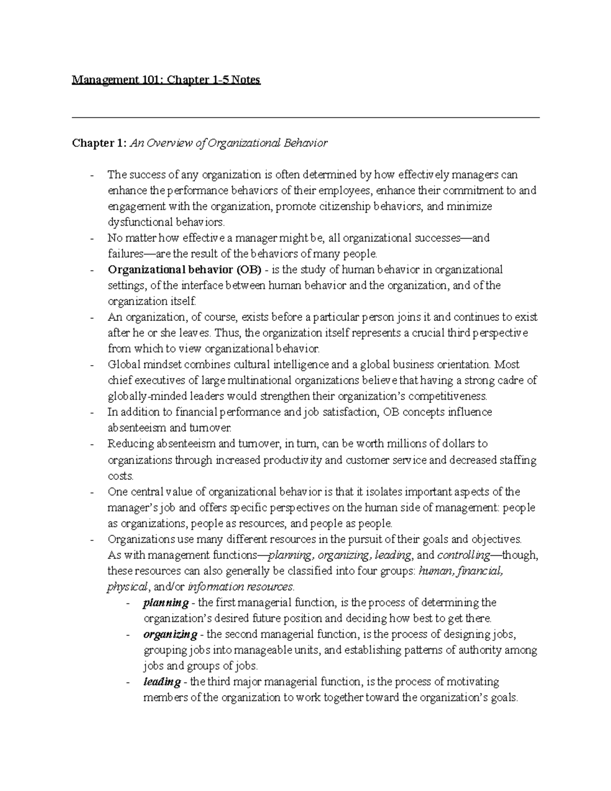 Management 101 Chapter 1-5 Notes - Management 101: Chapter 1-5 Notes ...