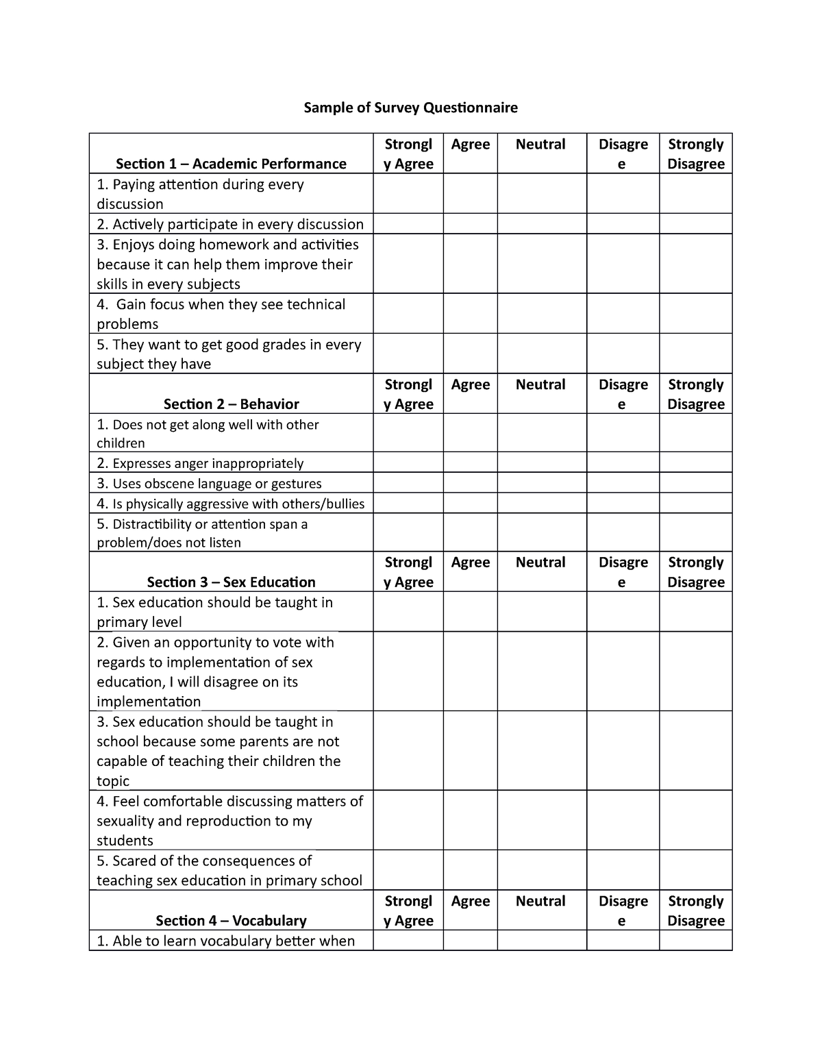 thesis questionnaire about academic performance pdf