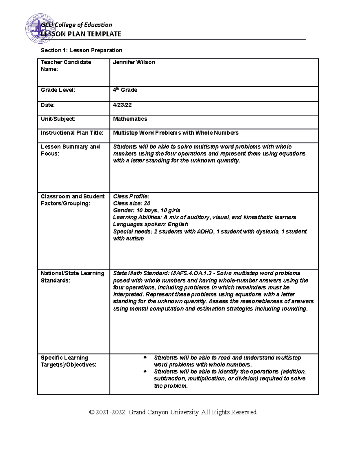 Lesson Planning Effective Strategies - LESSON PLAN TEMPLATE Section 1 ...