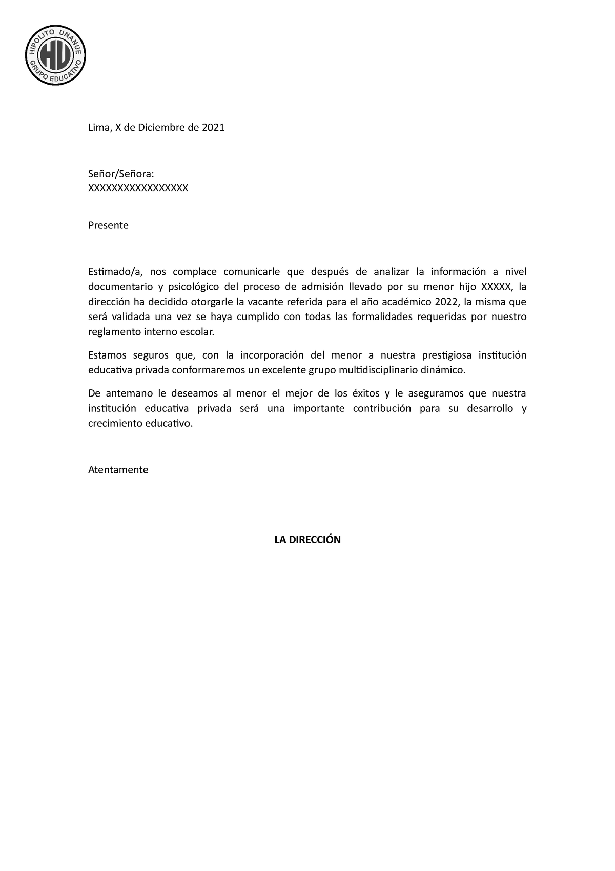 Carta De Aceptación De Vacante Sur Lima X De Diciembre De 2021 Señorseñora 9363