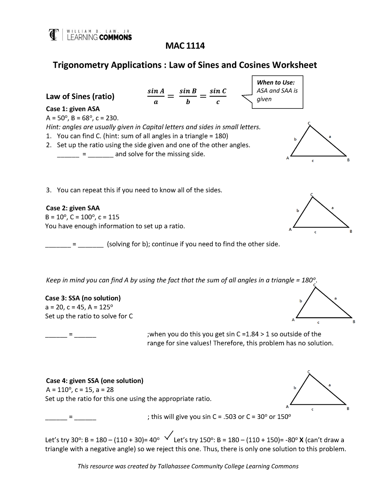 Trigonometry - law of sine cosine worksheet - This resource was created ...