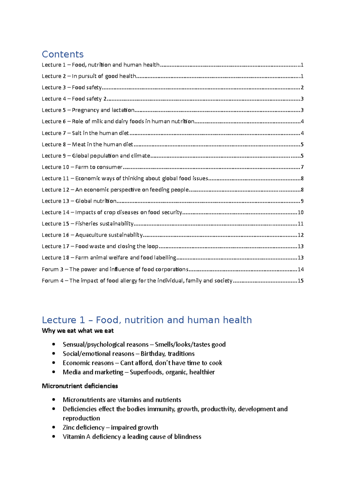 Cheat sheet of all Lecture notes for exam - Contents Lecture 1 – Food ...