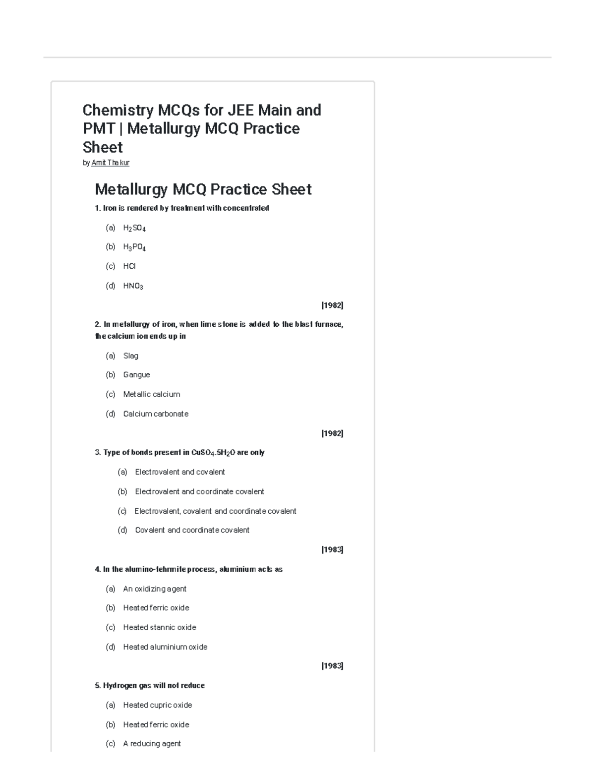 Chemistry Multiple Choice Questions Chemistry Mcqs For Jee Main And Pmt Metallurgy Mcq