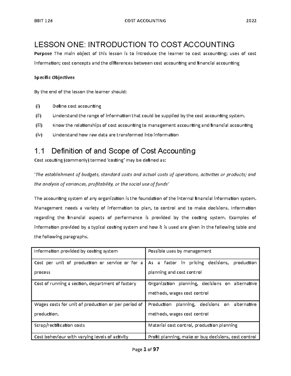 BBIT 126 Cost Accounting Notes 2022 LESSON ONE INTRODUCTION TO COST